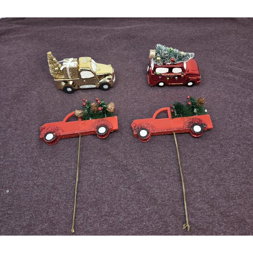 Glass Christmas Truck Ornaments 4pc Lot Red Gold Pine Floral Picks Holiday Decor